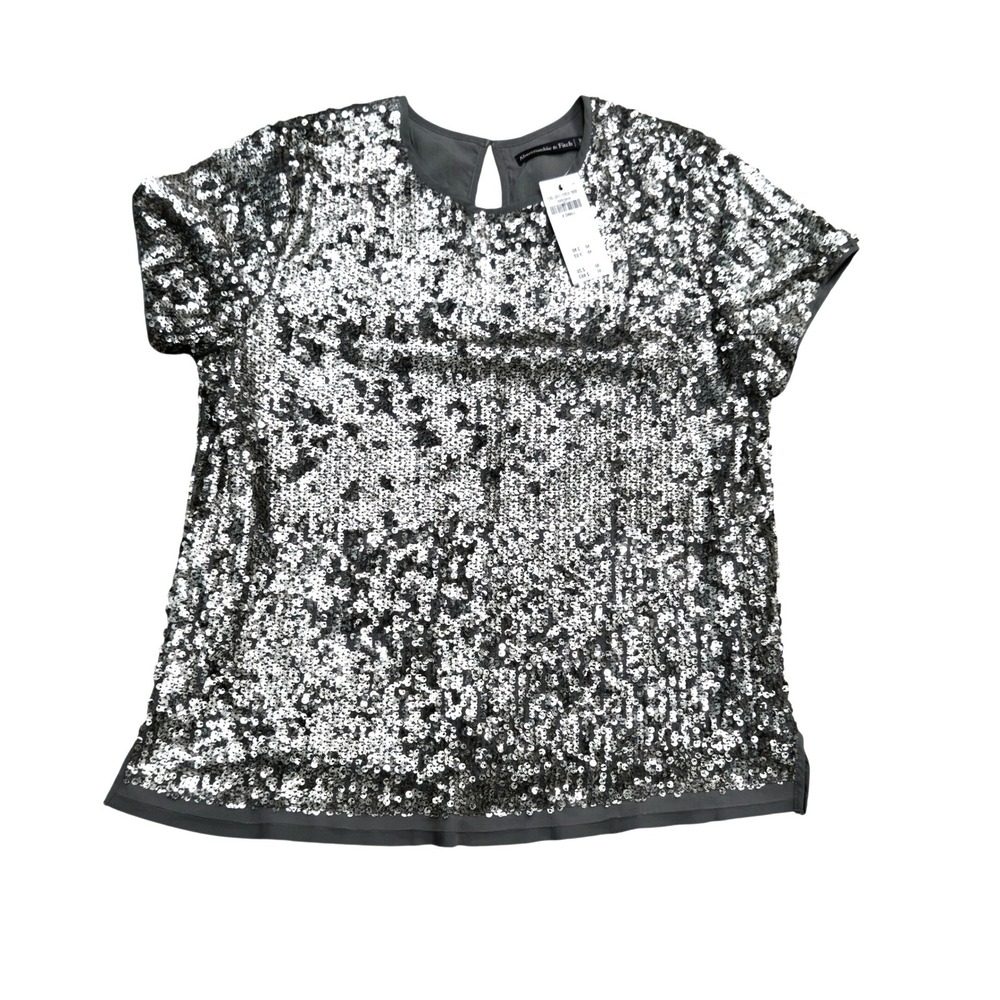 Abercrombie & Fitch NWT Silver Sequin Short Sleeve Keyhole Top XS NEW $68